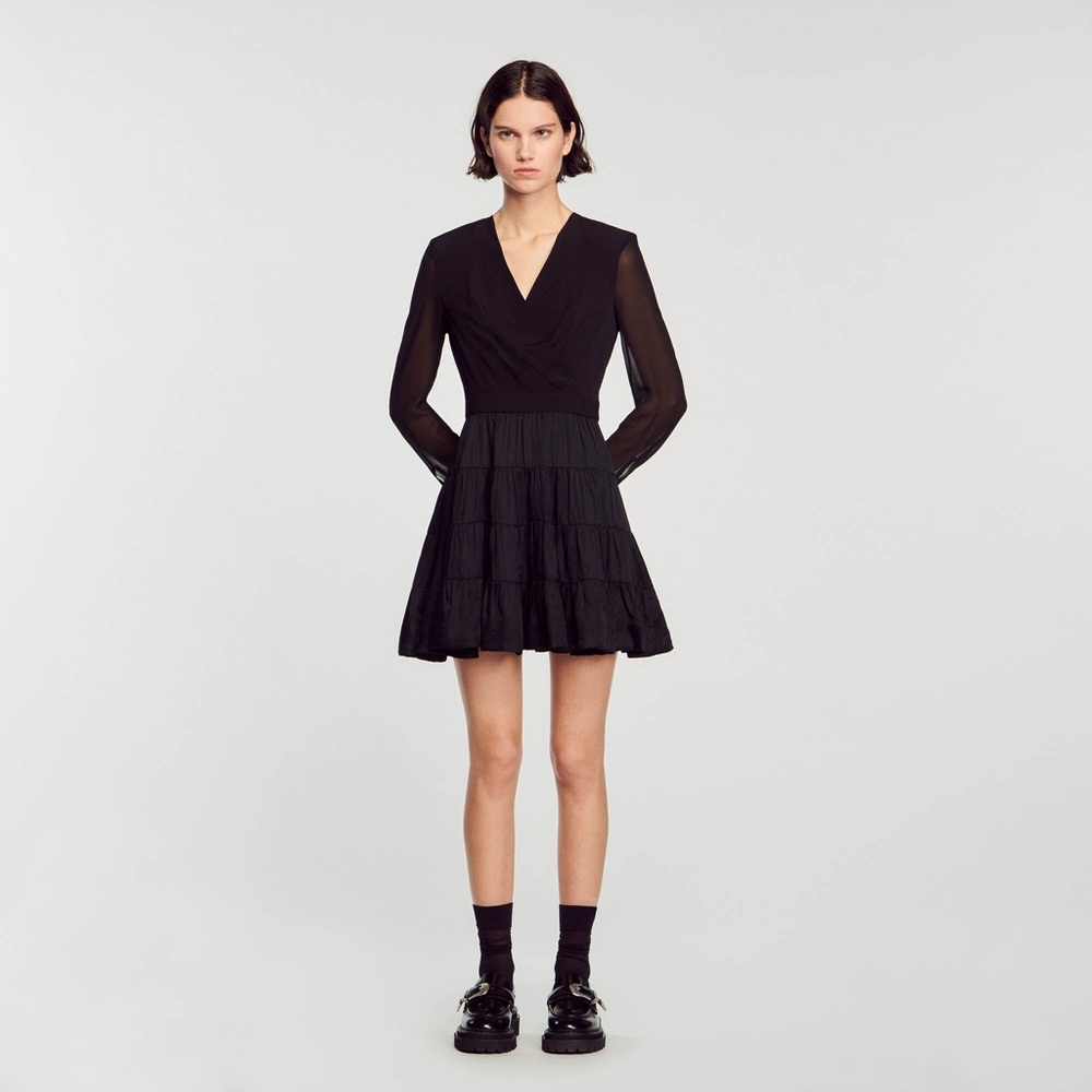 Sandro Ginette Mesh Sleeve Tiered Mini Dress | Black Satin & Chiffon - Size 4
